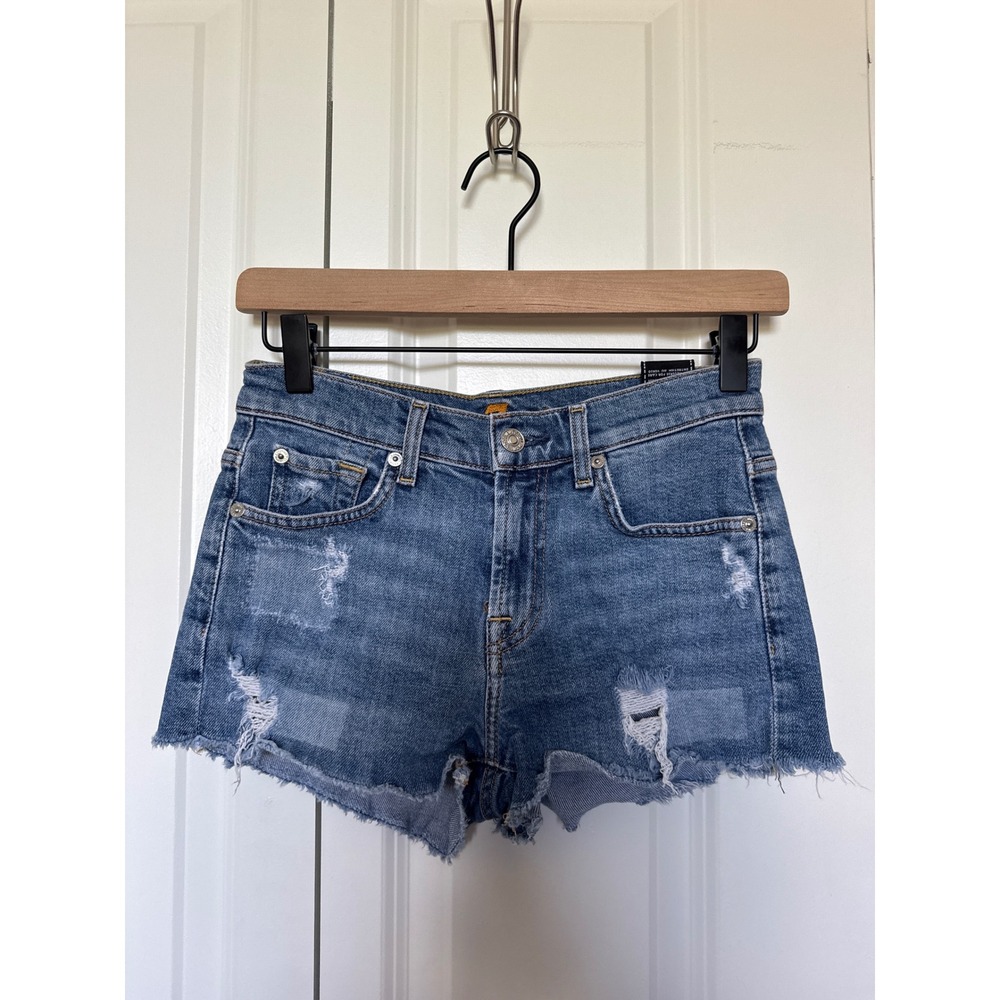 7 For All Mankind Distressed Denim Micro Cut Off Shorts Blue 23 Y2K Low Rise